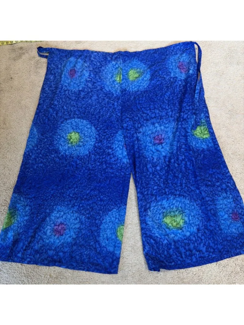 Caribbean Beach Pants Wide Leg Loose Fit Free Size Blue Tie Waist Tropical Tiki